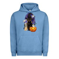 Pigment Pebble Blue Halloween Cat and Pumpkin Urban Hoodie - texasbilliewilder