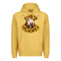Antique Gold hereford cow with sunflowers Premium Hoodie - RanaPortraitStore
