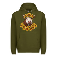 Army Green hereford cow with sunflowers Premium Hoodie - RanaPortraitStore