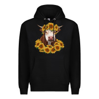 Black hereford cow with sunflowers Premium Hoodie - RanaPortraitStore