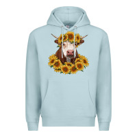 Blue Mist hereford cow with sunflowers Premium Hoodie - RanaPortraitStore
