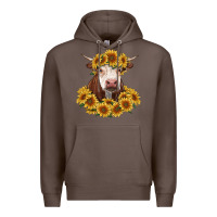 Coffee hereford cow with sunflowers Premium Hoodie - RanaPortraitStore