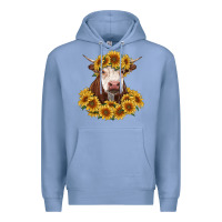 Colony Blue hereford cow with sunflowers Premium Hoodie - RanaPortraitStore