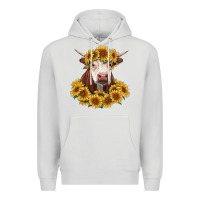 Dove Grey hereford cow with sunflowers Premium Hoodie - RanaPortraitStore