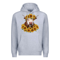 Heather Grey hereford cow with sunflowers Premium Hoodie - RanaPortraitStore