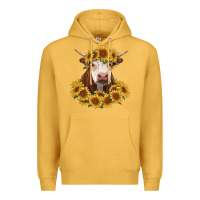 Mustard hereford cow with sunflowers Premium Hoodie - RanaPortraitStore