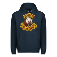 Navy hereford cow with sunflowers Premium Hoodie - RanaPortraitStore