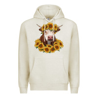 Oatmeal Heather hereford cow with sunflowers Premium Hoodie - RanaPortraitStore