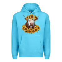 Ocean Blue hereford cow with sunflowers Premium Hoodie - RanaPortraitStore