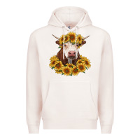 Pale Pink hereford cow with sunflowers Premium Hoodie - RanaPortraitStore