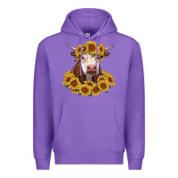 Purple hereford cow with sunflowers Premium Hoodie - RanaPortraitStore