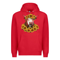 Red hereford cow with sunflowers Premium Hoodie - RanaPortraitStore