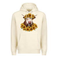 Sandshell hereford cow with sunflowers Premium Hoodie - RanaPortraitStore