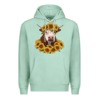 Seafoam hereford cow with sunflowers Premium Hoodie - RanaPortraitStore