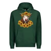Sports Green hereford cow with sunflowers Premium Hoodie - RanaPortraitStore