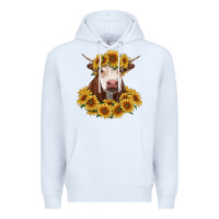 White hereford cow with sunflowers Premium Hoodie - RanaPortraitStore
