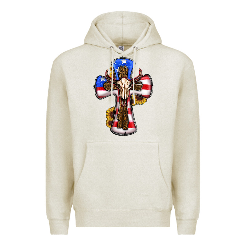 American Flag Cross Cow Skull Sunflowers Premium Hoodie by RanaPortraitStore | Teevron