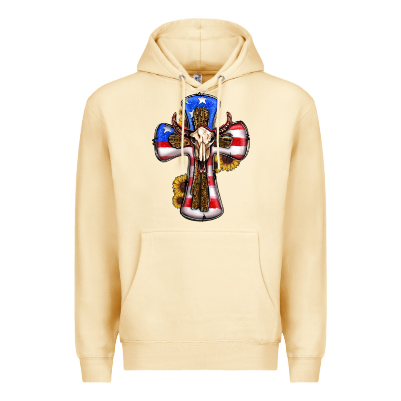 American Flag Cross Cow Skull Sunflowers Premium Hoodie by RanaPortraitStore | Teevron