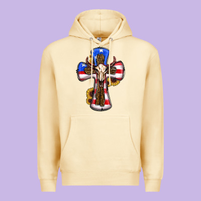 American Flag Cross Cow Skull Sunflowers Premium Hoodie Designed By Ranaportraitstore