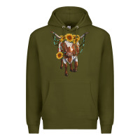 Army Green longhorn cow with sunflowers Premium Hoodie - RanaPortraitStore