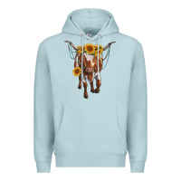 Blue Mist longhorn cow with sunflowers Premium Hoodie - RanaPortraitStore