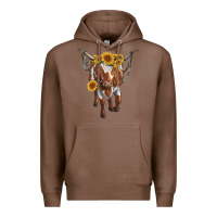 Chestnut longhorn cow with sunflowers Premium Hoodie - RanaPortraitStore