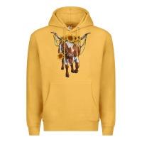 Mustard longhorn cow with sunflowers Premium Hoodie - RanaPortraitStore
