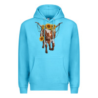 Ocean Blue longhorn cow with sunflowers Premium Hoodie - RanaPortraitStore