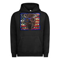 Pigment Black bison with american flag and glasses Urban Hoodie - RanaPortraitStore