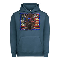 Pigment Midnight Navy bison with american flag and glasses Urban Hoodie - RanaPortraitStore