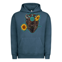 Pigment Midnight Navy bison head with sunflowers and gemstone Urban Hoodie - RanaPortraitStore