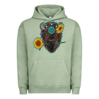 Pigment Oil Green bison head with sunflowers and gemstone Urban Hoodie - RanaPortraitStore