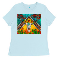 Baby Blue western sunflowers longhorn bull skull Ladies Tee - Artiststas