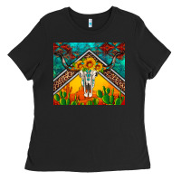 Black western sunflowers longhorn bull skull Ladies Tee - Artiststas