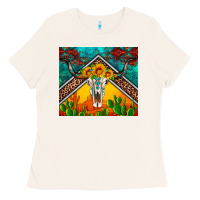 Bone western sunflowers longhorn bull skull Ladies Tee - Artiststas