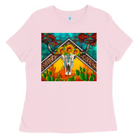Bubblegum Pink western sunflowers longhorn bull skull Ladies Tee - Artiststas