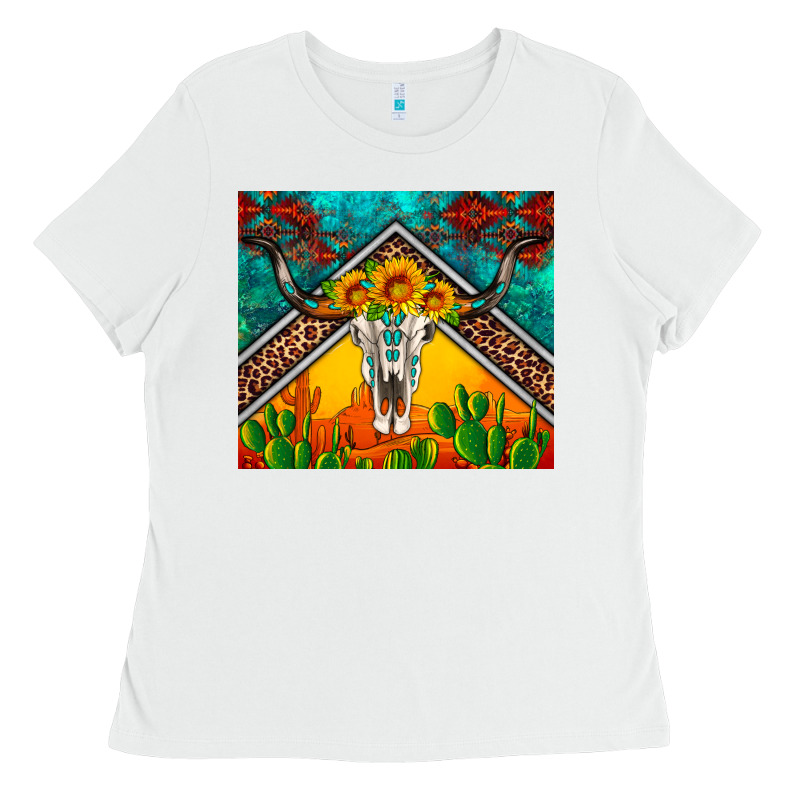 Western Sunflowers Longhorn Bull Skull Ladies Tee by Artiststas | Teevron