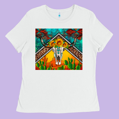 Western Sunflowers Longhorn Bull Skull Ladies Tee Designed By Artiststas