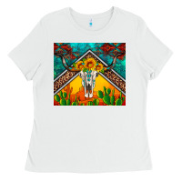 White western sunflowers longhorn bull skull Ladies Tee - Artiststas