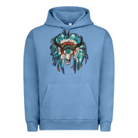Pigment Pebble Blue indian headdress with bull skull Urban Hoodie - RanaPortraitStore