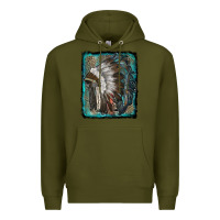 Army Green indian feather headdress with leopard background Premium Hoodie - RanaPortraitStore