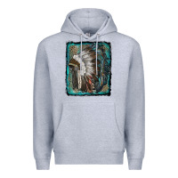 Heather Grey indian feather headdress with leopard background Premium Hoodie - RanaPortraitStore