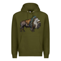 Army Green bison with indian headdress Premium Hoodie - RanaPortraitStore