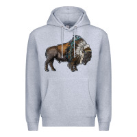 Heather Grey bison with indian headdress Premium Hoodie - RanaPortraitStore