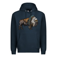 Navy bison with indian headdress Premium Hoodie - RanaPortraitStore
