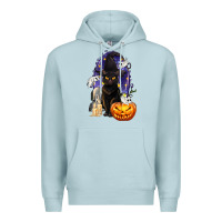 Blue Mist Halloween Cat and Pumpkin Premium Hoodie - texasbilliewilder