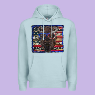 Bison With American Flag And Glasses Premium Hoodie Designed By Ranaportraitstore