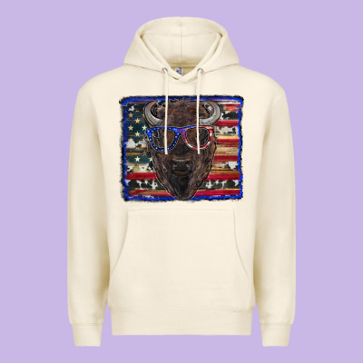 Bison With American Flag And Glasses Premium Hoodie Designed By Ranaportraitstore