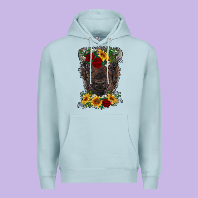 Bison Face With Flowers Premium Hoodie Designed By Ranaportraitstore