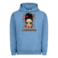 Pigment Pebble Blue Mexicana Skull Girl Messy Bun Urban Hoodie - texasbilliewilder